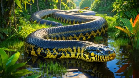 Illustration de la découverte d'une nouvelle espèce d'anaconda géant dans l'Amazonie équatorienne, générée par intelligence artificielle.