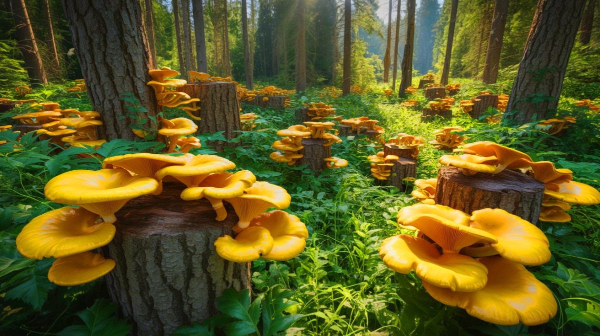 Illustration de la propagation du pleurote doré dans les forêts nord-américaines, générée par intelligence artificielle.