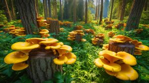Illustration de la propagation du pleurote doré dans les forêts nord-américaines, générée par intelligence artificielle.