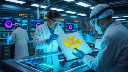 Illustration de la capture de l'iode radioactif des déchets nucléaires par un matériau innovant, générée par intelligence artificielle.