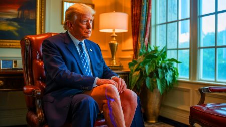 « Cette maladie pourrait changer l’histoire de Trump » : l’insuffisance veineuse chronique et ses complications graves révélées au grand jour Illustration de l'insuffisance veineuse chronique chez Donald Trump, générée par intelligence artificielle.