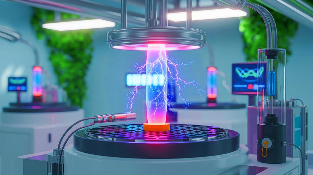 « Ils transforment l’air en ammoniac pur » : une technologie plasma révolutionne la production sans gaz fossile ni haute pression Illustration de la production d'ammoniac propre par une technologie utilisant le plasma, générée par intelligence artificielle.