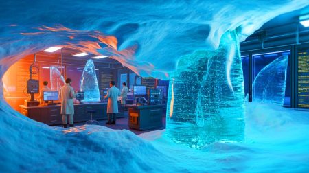 Illustration de carottes de glace millénaires extraites de l'Antarctique pour étudier le réchauffement climatique.