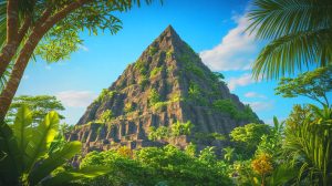 Illustration de la pyramide de Gunung Padang en Indonésie, supposée être l'une des plus anciennes pyramides connues. Image réalisée par IA.