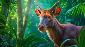 Illustration de la licorne asiatique, le saola, dans son habitat naturel des montagnes d’Asie du Sud-Est. Image réalisée par IA.