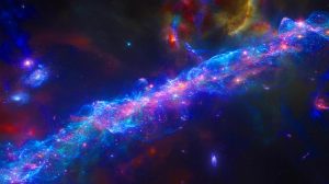Illustration de la découverte d'un gigantesque filament de gaz intergalactique, générée par intelligence artificielle.