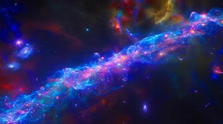 Illustration de la découverte d'un gigantesque filament de gaz intergalactique, générée par intelligence artificielle.
