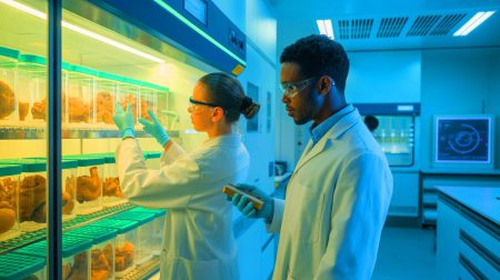 Illustration de la conservation des échantillons d'excréments humains pour préserver la biodiversité microbienne, générée par intelligence artificielle.