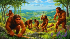 Illustration de l'adaptation et de l'innovation des Néandertaliens à travers les territoires eurasiens, générée par intelligence artificielle.