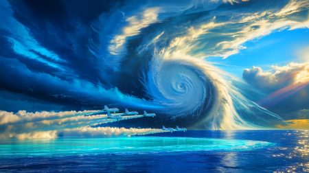 Illustration de l'utilisation d'aérosols pour affaiblir les cyclones tropicaux, générée par intelligence artificielle.
