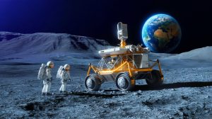 Illustration de la mission Artemis de la NASA explorant le pôle sud lunaire, générée par intelligence artificielle.
