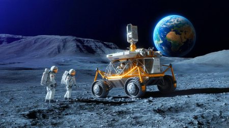 Illustration de la mission Artemis de la NASA explorant le pôle sud lunaire, générée par intelligence artificielle.