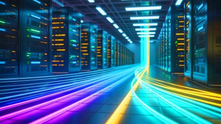Illustration de la vitesse de transmission de données record atteinte grâce à une innovation en fibre optique, générée par intelligence artificielle.