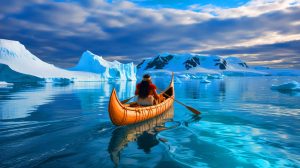 Illustration de la découverte présumée de l'Antarctique par des explorateurs polynésiens, générée par intelligence artificielle.