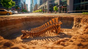 Illustration de la découverte d'un fossile de dinosaure sous le parking du Musée de la Nature et des Sciences de Denver, générée par intelligence artificielle.
