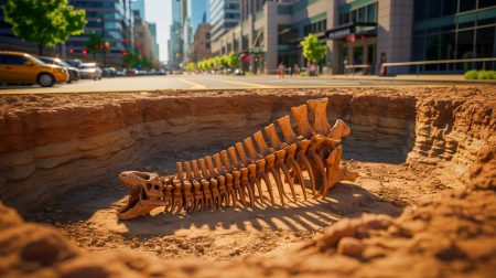 Illustration de la découverte d'un fossile de dinosaure sous le parking du Musée de la Nature et des Sciences de Denver, générée par intelligence artificielle.