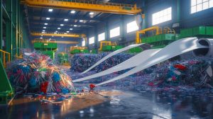 Illustration de la transformation des pales d’éoliennes en plastiques résistants, générée par intelligence artificielle.