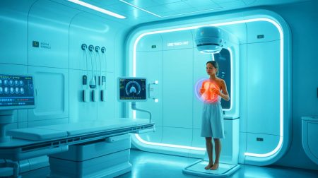 Illustration de la nouvelle technologie de dépistage du cancer du sein OneTouch-PAT, générée par intelligence artificielle.