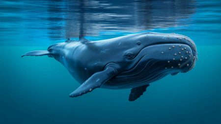 Illustration de la baleine franche de l’Atlantique Nord, mettant en évidence ses caractéristiques uniques, générée par intelligence artificielle.