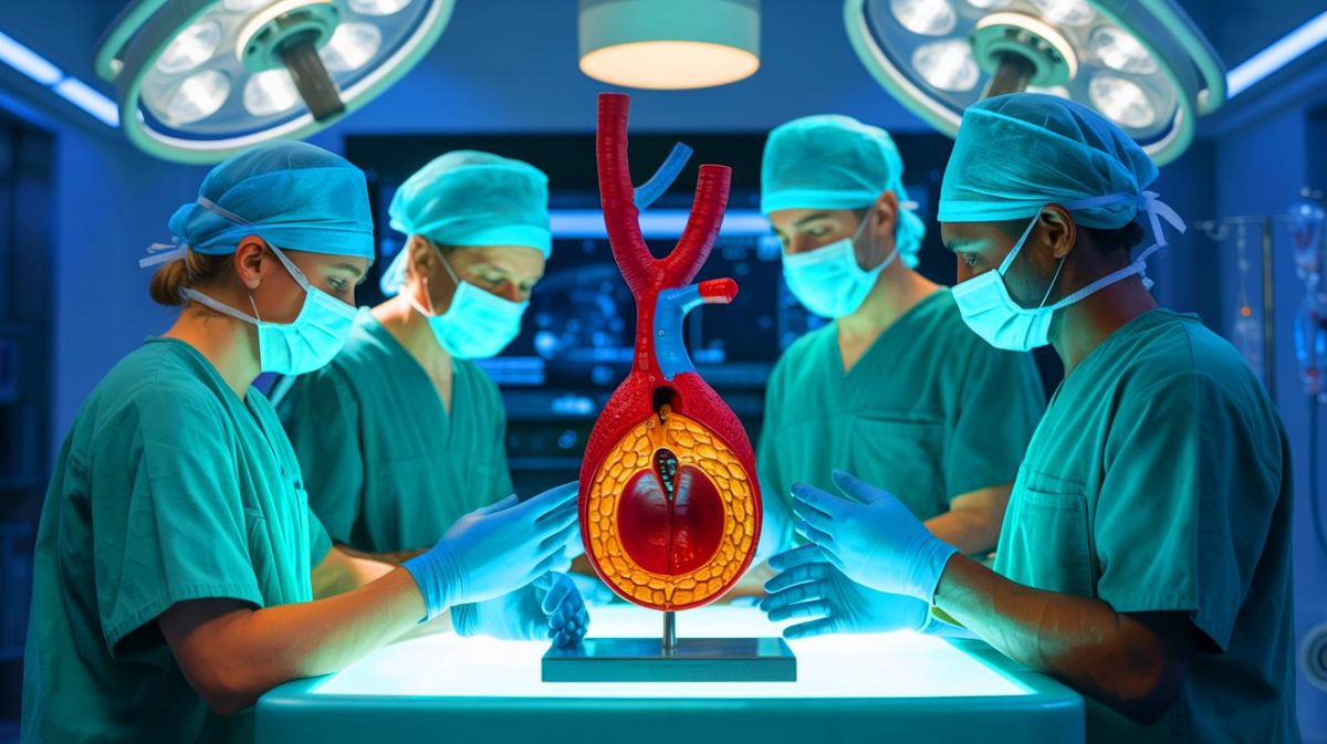 « J’avais une bombe à retardement dans la poitrine » : l’incroyable prouesse médicale d’une aorte imprimée en 3D sauve un homme d’une mort certaine Illustration de l'utilisation d'un modèle d'aorte imprimé en 3D pour une chirurgie vasculaire complexe, créée par intelligence artificielle.