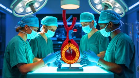 Illustration de l'utilisation d'un modèle d'aorte imprimé en 3D pour une chirurgie vasculaire complexe, créée par intelligence artificielle.