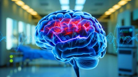 Illustration de l'activité cérébrale gamma persistante après la mort, générée par intelligence artificielle.