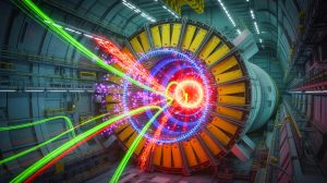 Illustration de la première collision entre protons et ions d'oxygène au Grand Collisionneur de Hadrons. Image réalisée par IA.