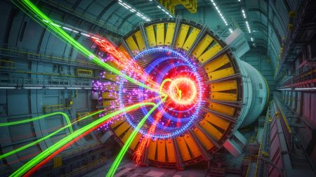 Illustration de la première collision entre protons et ions d'oxygène au Grand Collisionneur de Hadrons. Image réalisée par IA.