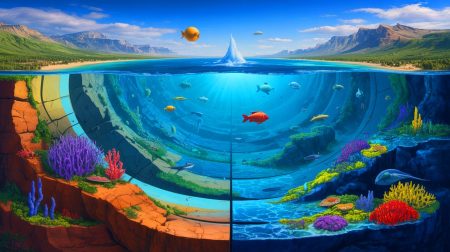 Illustration de l'horloge géologique interne de la Terre influençant les cycles biologiques, générée par intelligence artificielle.