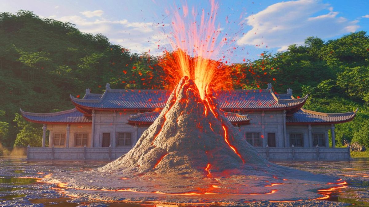 Illustration de l'éruption spectaculaire d'un volcan de boue devant un temple à Wandan, Taïwan, générée par intelligence artificielle.