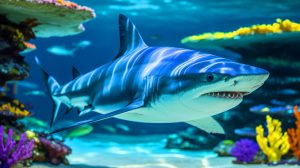 Illustration de la capacité du requin bleu à changer de couleur grâce à des nanostructures, générée par intelligence artificielle.