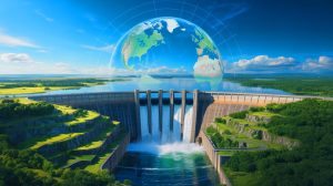 Illustration de l'impact des barrages sur le déplacement des pôles terrestres, générée par intelligence artificielle.