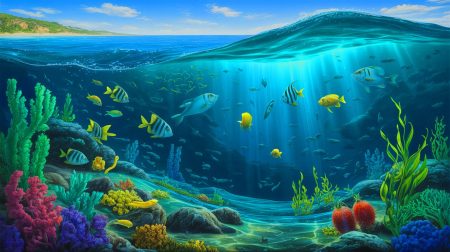 Illustration de l'assombrissement des océans et de ses impacts sur la vie marine, générée par intelligence artificielle.