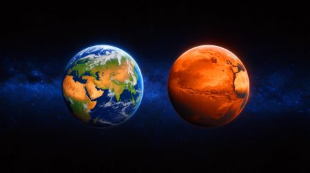 Illustration de la divergence des destins planétaires entre la Terre et Mars, générée par intelligence artificielle.