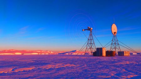 Illustration de signaux radio inexplicables provenant des glaces de l'Antarctique. Image réalisée par IA.