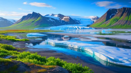 Illustration de la transformation climatique du Svalbard avec des glaciers fondus et une toundra verdoyante.