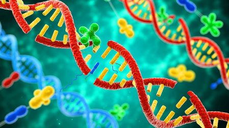 Illustration de la réparation de l'ADN cassé par des enzymes, créée par intelligence artificielle.