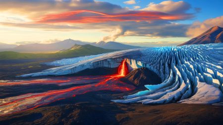 Illustration de l'impact potentiel du réchauffement climatique sur le réveil des volcans sous-glaciaires, générée par intelligence artificielle.