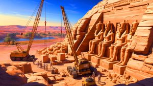 Illustration de la mobilisation internationale pour sauver les temples d'Abu Simbel, générée par intelligence artificielle.