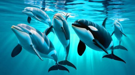 Illustration de dauphins et orques évoluant dans leur habitat marin, création générée par intelligence artificielle.