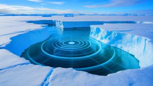Illustration de mystérieux signaux radio détectés sous la glace de l'Antarctique, générée par intelligence artificielle.