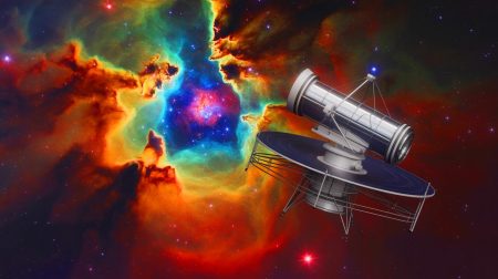 Illustration de la détection de la molécule CH3+ dans la Nébuleuse d'Orion, réalisée par intelligence artificielle.