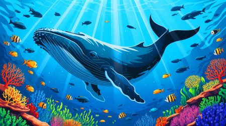 Illustration de l'impact écologique des baleines sur les écosystèmes marins, générée par intelligence artificielle.