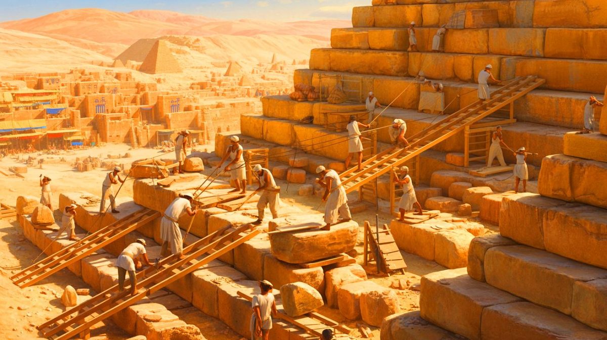 « Nous savons enfin qui a construit la grande pyramide » : des inscriptions antiques révèlent les bâtisseurs de cet incroyable chef-d’œuvre égyptien Illustration de la construction de la Grande Pyramide d'Égypte par des ouvriers qualifiés, générée par intelligence artificielle.