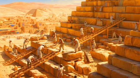 Illustration de la construction de la Grande Pyramide d'Égypte par des ouvriers qualifiés, générée par intelligence artificielle.