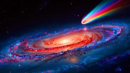 « Il vient d’avant les planètes » : des scientifiques identifient un objet glacé qui pourrait être la plus vieille comète jamais observée Illustration de la comète interstellaire 3I/ATLAS traversant la galaxie, créée par intelligence artificielle.