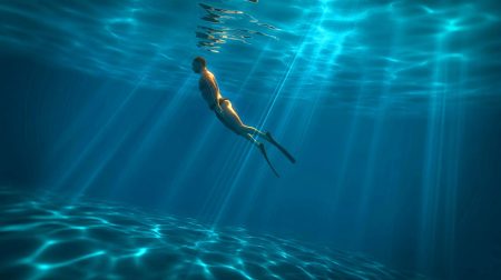 Ce qu’il a vu sous la surface glace le sang : une descente volontaire dans les profondeurs révèle un aspect méconnu de l’océan Illustration de la plongée en apnée dans les profondeurs marines. Image réalisée par IA.