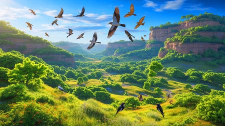 Illustration de la transformation écologique du plateau de Lœss en Chine avec le retour des oiseaux. Image réalisée par IA.