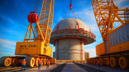 « Quand la Terre tremble » : cet incroyable géant de l’ingénierie soulève un dôme de 245 tonnes sur un réacteur britannique en un exploit monumental Illustration de la grue "Big Carl" soulevant le dôme du réacteur de Hinkley Point C, créée par intelligence artificielle.