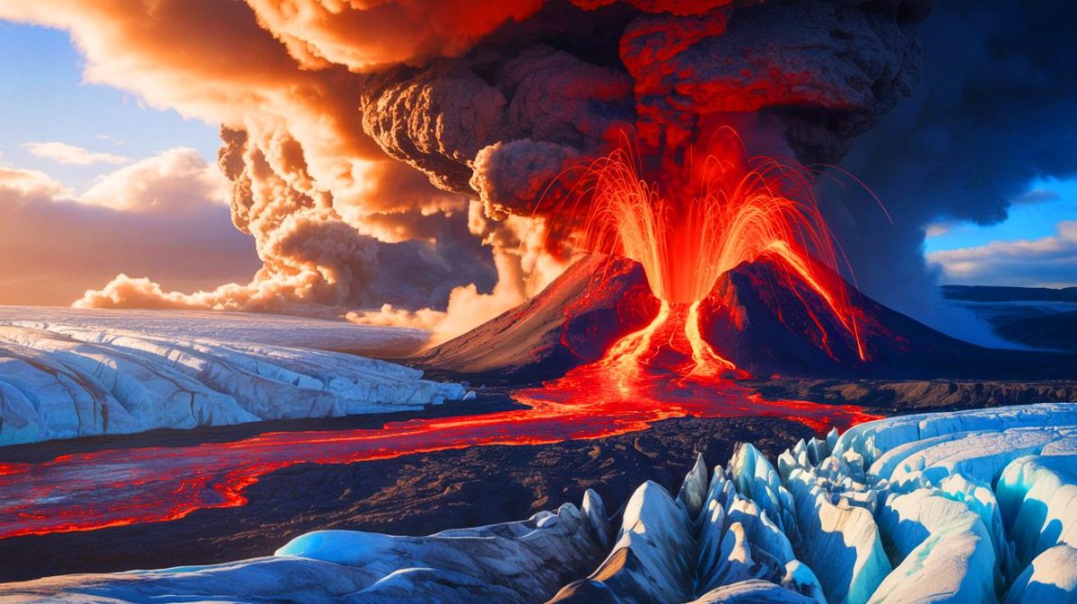 « Quand les glaciers pleurent, les volcans rugissent » : cette menace climatique ignorée pourrait tout bouleverser, découvrez comment Illustration de l'interaction entre la fonte des glaciers et l'activité volcanique, générée par intelligence artificielle.